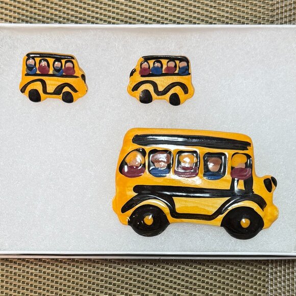 School Bus Driver Appreciation Gift Pin + Earrings Artist Signed Ceramic + Box - Picture 1 of 7